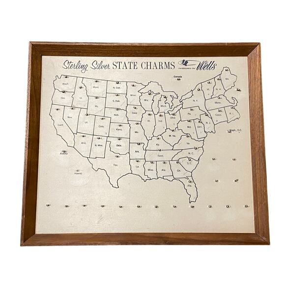 Rare Vintage Wells Sterling Silver State Charms Display Board Picture Frame - Picture 1 of 8